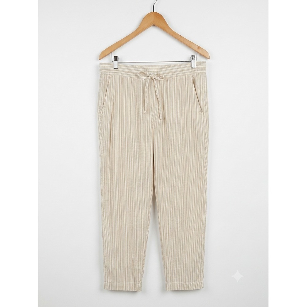 Linen Blend Striped Drawstring Tapered Pants Beige White Neutral Womens Large‎